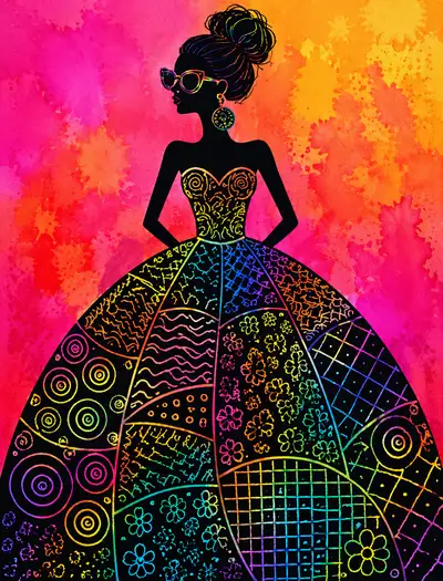 Rainbow scratch art illustration of a fashion girl in ball gown