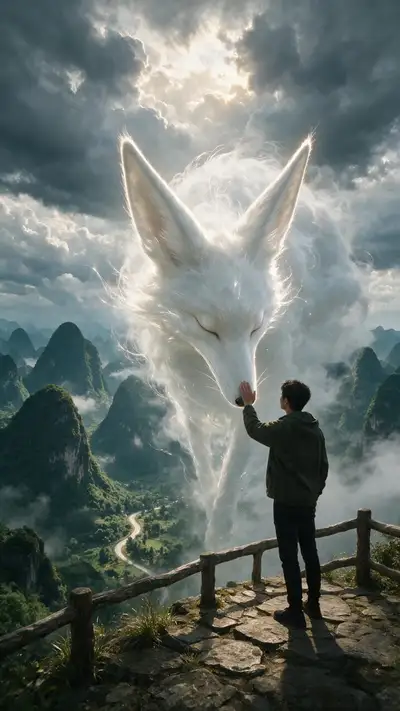 Man touching a celestial cloud fox spirit on a mountain peak