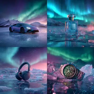 Luxury Product on Frozen Glacier Under Aurora