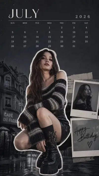 K-pop idol mobile wallpaper with calendar and Polaroid overlay