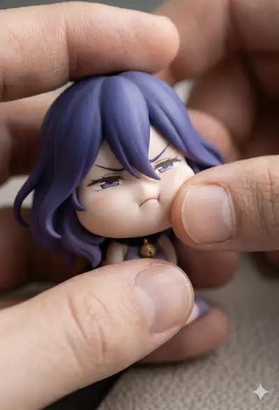Macro Chibi Anime Figurine with Grumpy Expression