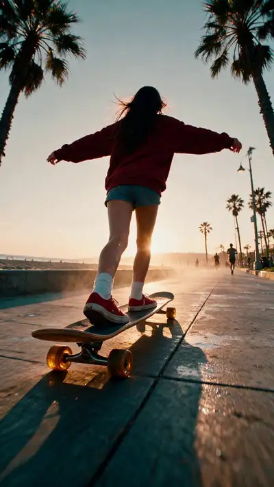 Eine Longboarderin gleitet in einer einzigen durchgehenden Einstellung über eine Strandpromenade bei Sonnenuntergang