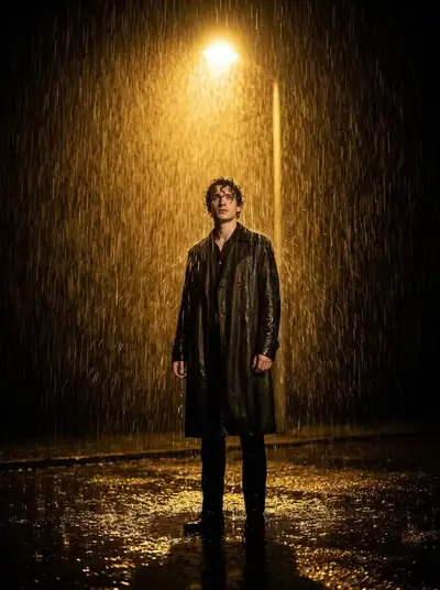 Cinematic Person Standing Under a Streetlight in Rain