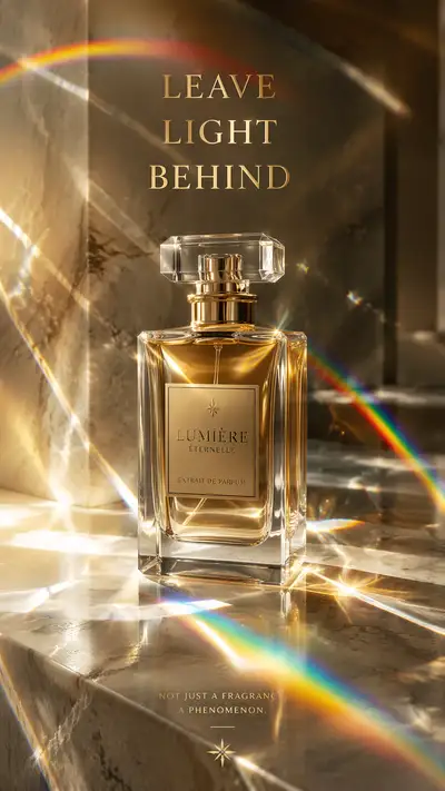 Conceptual fragrance ad with light-bending rainbow perfume bottle