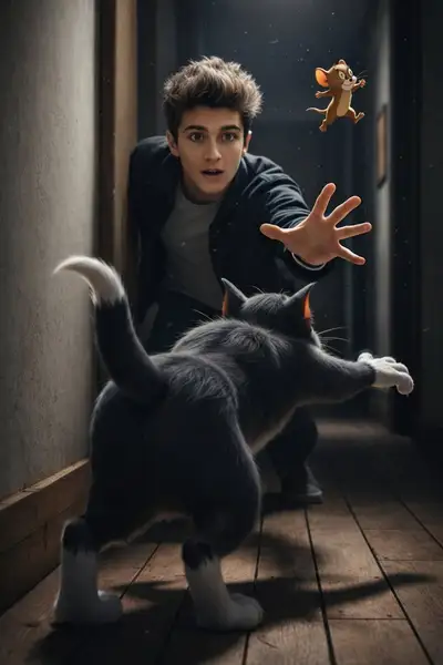Der klassische Tom-und-Jerry-Cartoon-Verfolgungsjagd neu interpretiert als Live-Action-Foto