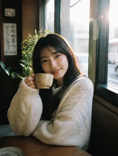 Nostalgic 1994 portrait of a woman in a Tokyo cafe