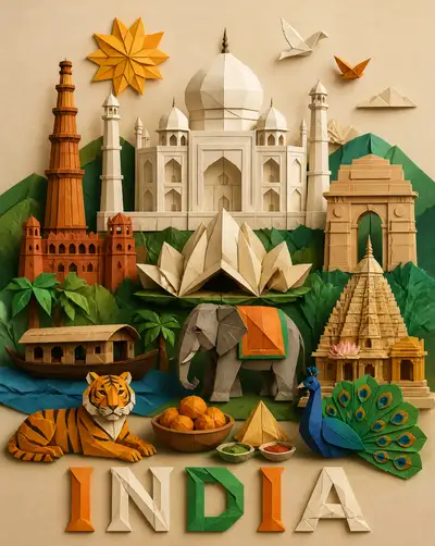 Origami Paper Art Illustration of India's Landmarks and Culture