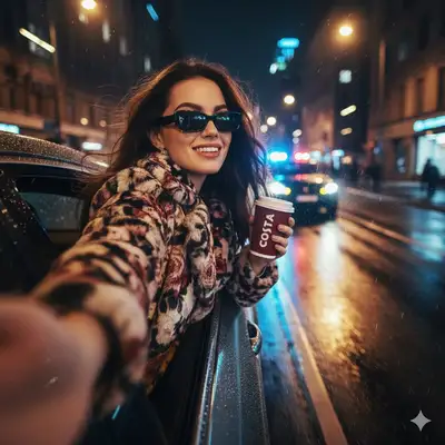 Selfie de course-poursuite nocturne sous la pluie avec gyrophares