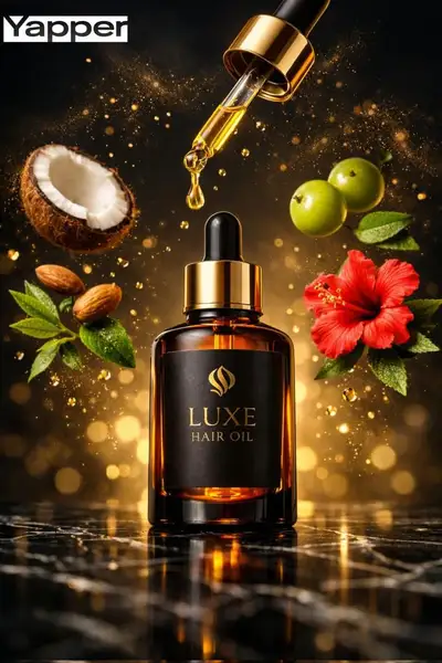Luxury hair oil bottle with pouring droplets and herbs