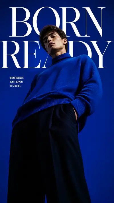 Ultra-low-angle cobalt sweater editorial portrait