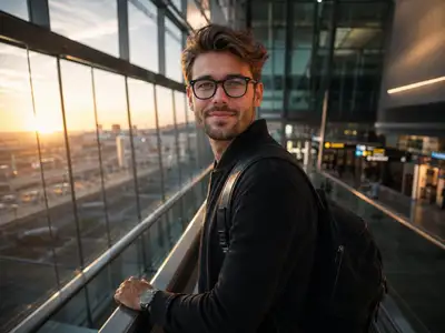 Cinematic Traveler on Airport Escalator