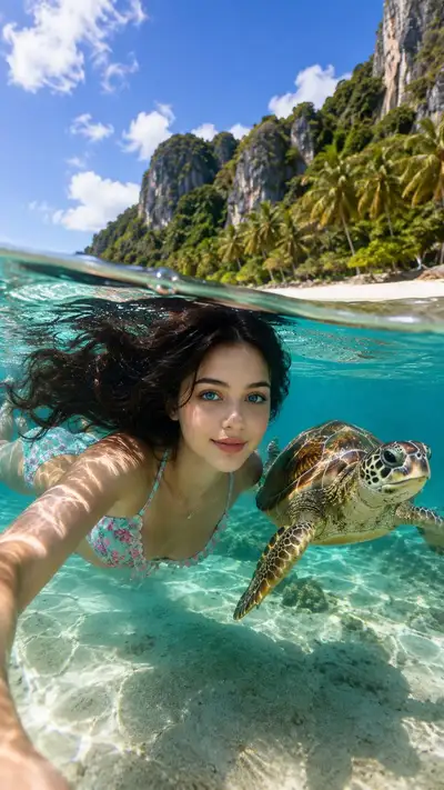 Tropical Underwater Portrait with Sea Turtle