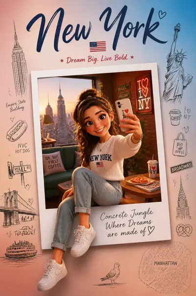 Cute 3D Cartoon Travel Poster Character for New York