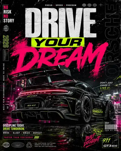 ネオンに照らされたポルシェ911 GT3 RSストリートウェアポスター
