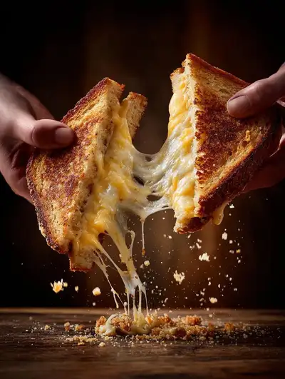 Grilled cheese sandwich cheese-pull macro shot