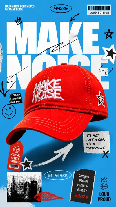 Prompt de Póster de Streetwear de Gorra de Béisbol Roja Brillante