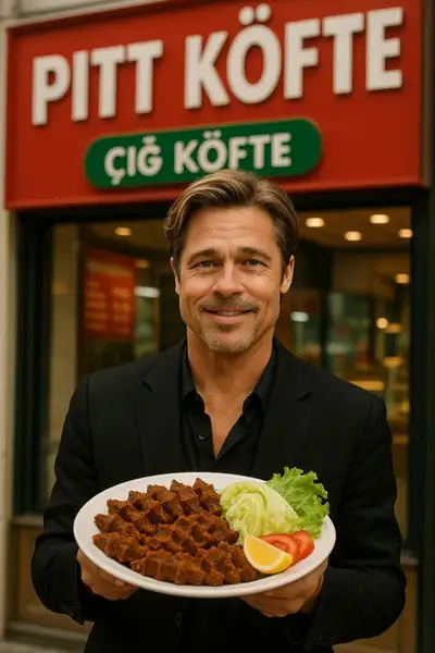 Man walks to camera and eats meatball