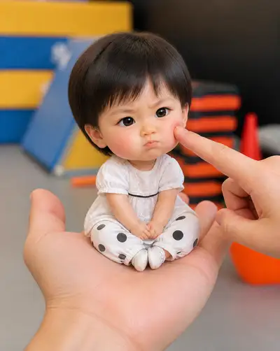 Chibi character sitting on palm, pouty expression prompt