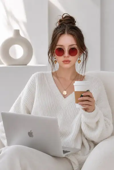 Editorial Fashion Portrait with Laptop and Coffee