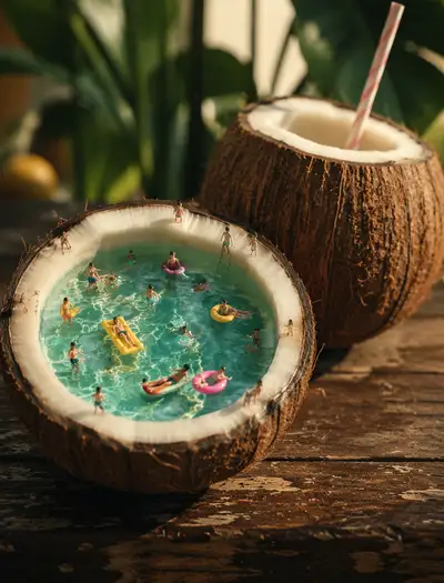 Surreal miniature coconut swimming pool macro photography