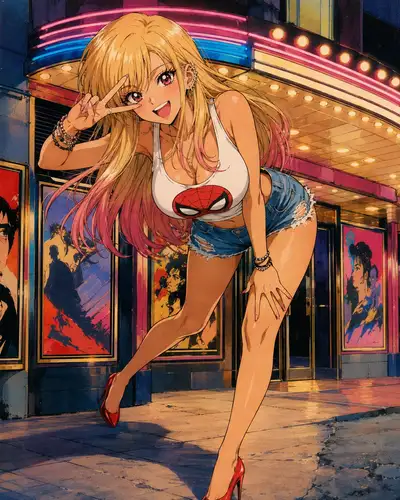 Ilustração de anime da era Showa de Frieren como fã de Spider-Man