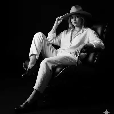 Black and white chiaroscuro studio portrait with fedora hat