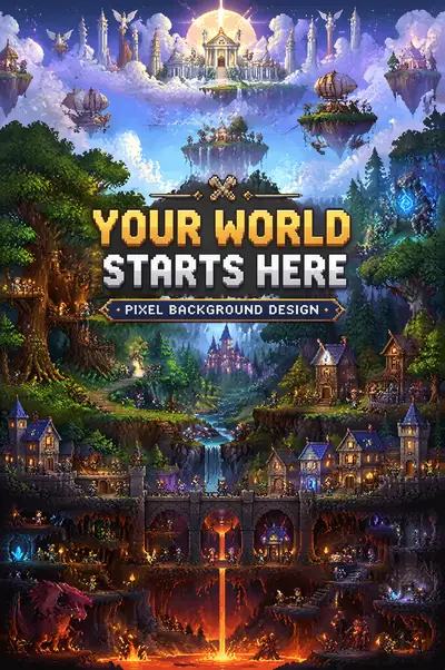 Vertical pixel art landscape from lava caves to celestial temples