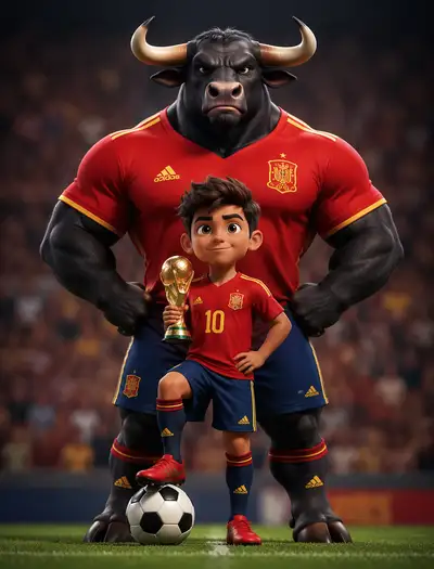 3D animated bull mascot and boy with World Cup trophy