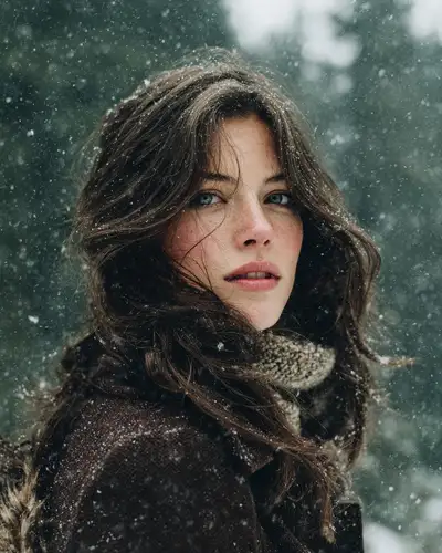 Cinematic winter-forest portrait with snowfall