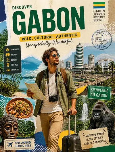 Affiche de voyage stylisée pour le Gabon avec touriste et art de collage