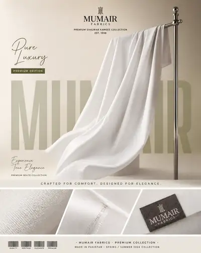 Luxury unstitched fabric editorial campaign poster for Mumair Fabrics