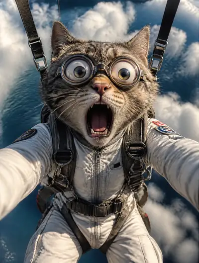 Gato astronauta hiper-realista saltando de paraquedas através das nuvens