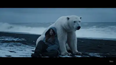 Polar Bear and Woman on Black Sand Beach