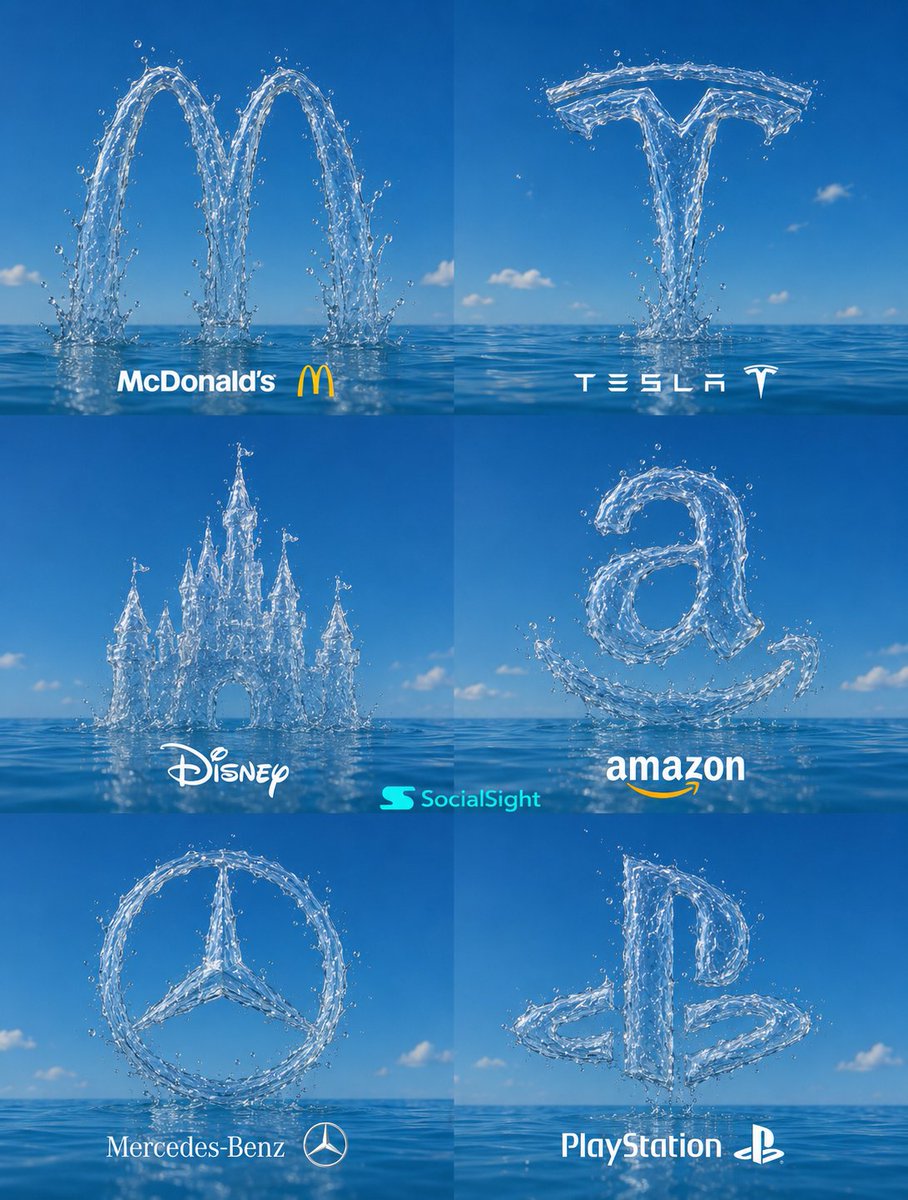 Brand logos sculpted from water - 3x2 grid collage (GPT Image 2)