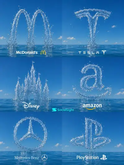 Logos de marcas esculpidos en agua - collage en cuadrícula 3x2 (GPT Image 2)