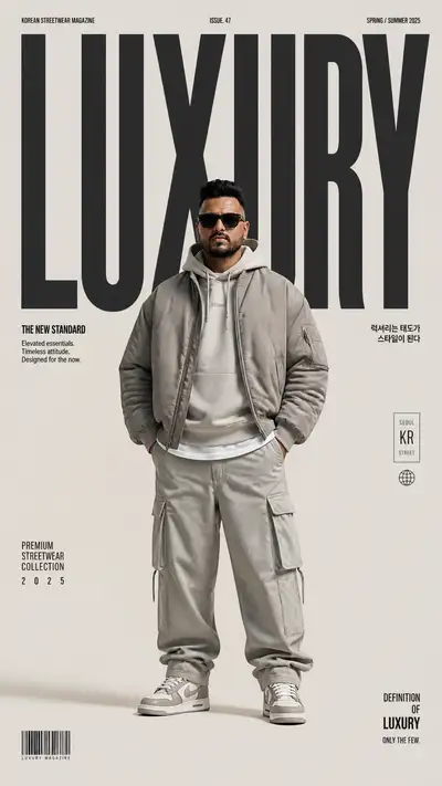 Luxury Korean streetwear editorial poster with bold typography
