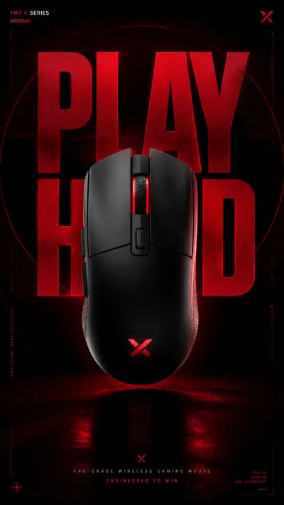 Premium-Gaming-Maus-Launch-Poster mit rotem Studiolicht