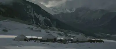 Painterly Kazakh nomad camp landscape video prompt
