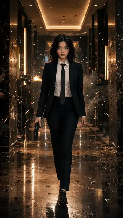 Action-thriller hotel corridor gunfight portrait prompt