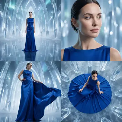Four panel ice palace fashion editorial with lens variations