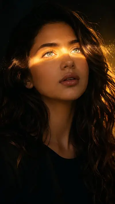 Filmisches Beauty-Porträt in goldenem Licht mit Staubpartikeln