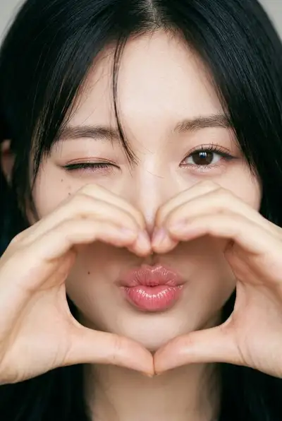 Extreme close-up heart-hands kiss face portrait