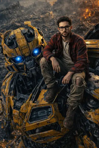 Cinematic Portrait with Giant Robot in Post-Apocalyptic City