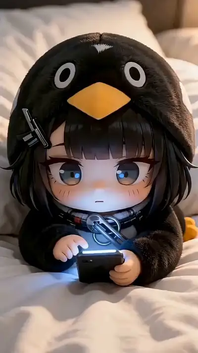 Render 3D de chica anime chibi con sudadera de pingüino