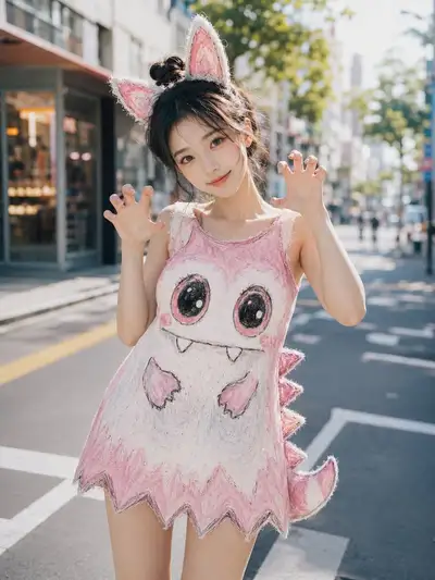 Originelles niedliches Monster-Minikleid-Mode-Porträt