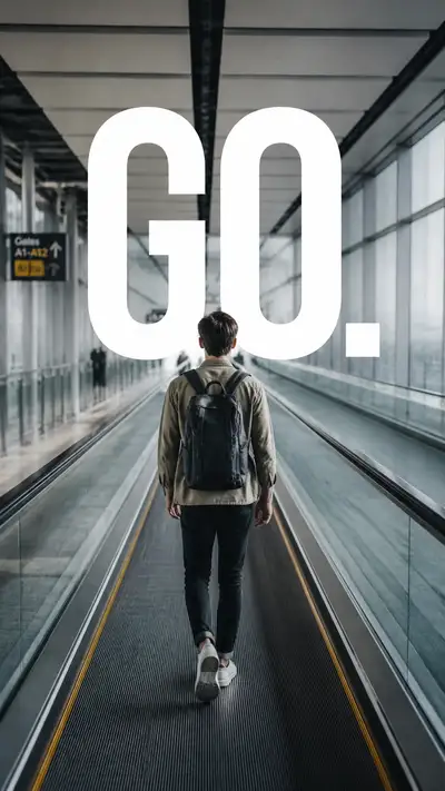 Affiche publicitaire éditoriale de couloir d'aéroport avec le mot GO