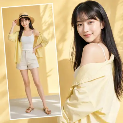Editorial fashion collage of the same model in two poses