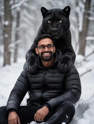 Man and black panther in snowy forest portrait prompt