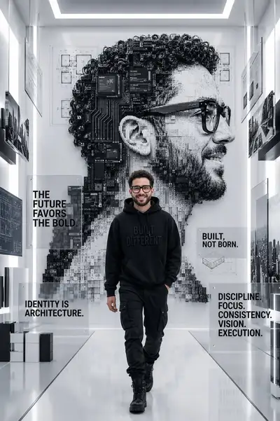 Futuristisches Galerieporträt mit einer kolossalen geometrischen Profilskulptur