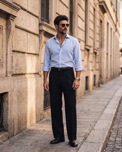 Éditorial mode homme à l'heure dorée dans une rue européenne